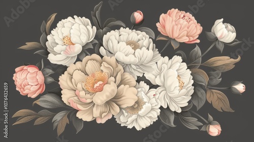 Elegant Peony Bouquet Illustration   Floral Arrangement  Wedding  Vintage  Botanical Art