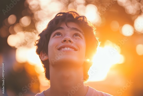 Hopeful young person looking up: gentle smile, upward gaze, warm outdoor lighting, relaxed and positive energy photo