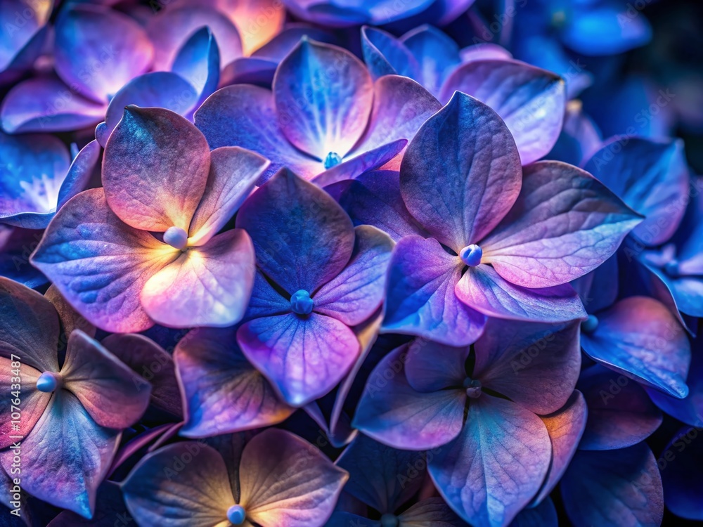 Closeup of Periwinkle-Colored Hydrangea Petals with Delicate Texture and Color Variation in Night Photography for Nature Enthusiasts and Floral Aesthetics Closeup of Periwinkle-Colored Hydrangea Petals with Delicate Texture and Color Variation in Night Photography for Nature Enthusiasts and Floral Aesthetics