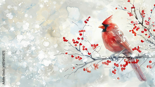 Red cardinal bird on a frosty tree branch with snow red berries in winter, Holiday and Christmas web banner