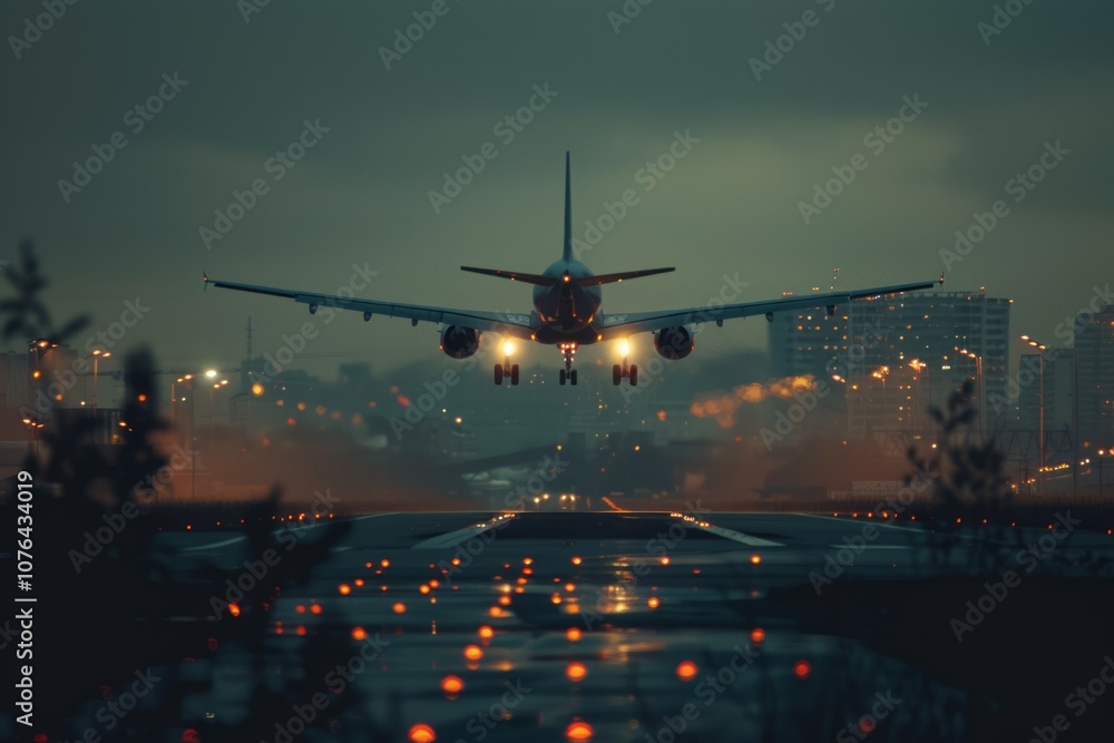 Commercial airliner passenger plane fly down over landing at sunset. Neural network ai generated art Commercial airliner passenger plane fly down over landing at sunset. Neural network ai generated art
