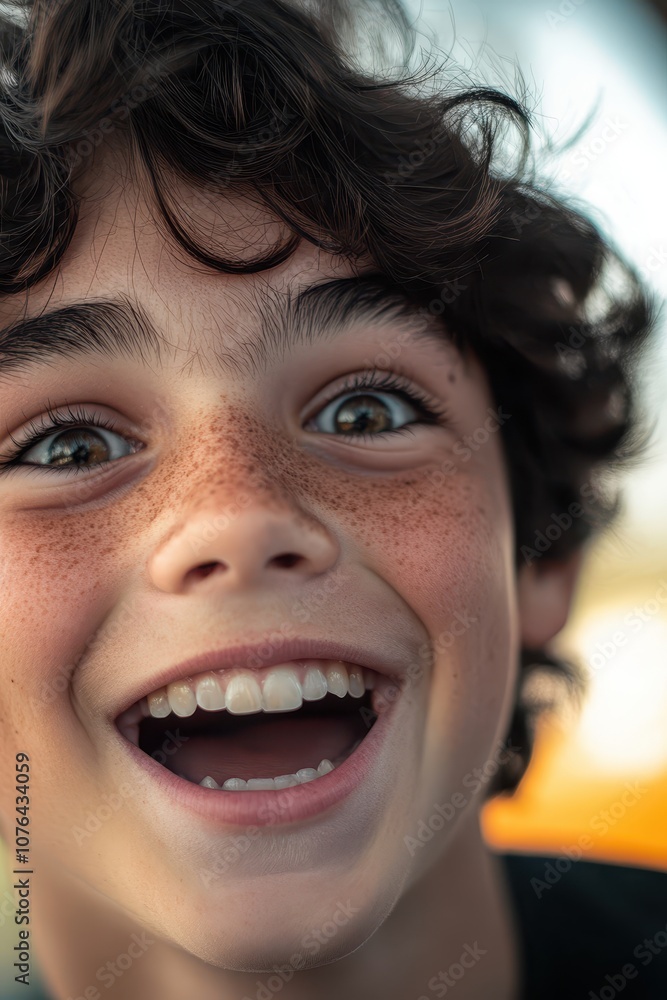 Close-up of a teen with excited expression: eyes wide, bright smile, soft background, casual and candid moment Close-up of a teen with excited expression: eyes wide, bright smile, soft background, casual and candid moment