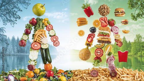 The Choice: A vibrant and compelling visual metaphor of healthy vs unhealthy lifestyle choices, featuring two figures made entirely of food.  One figure is composed of fresh fruits, vegetables. photo