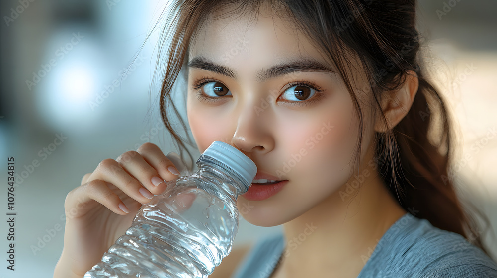 A young Asian woman in sportswear drinking water from an acrylic bottle during outdoor exercise
A young Asian woman in sportswear drinking water from an acrylic bottle during outdoor exercise