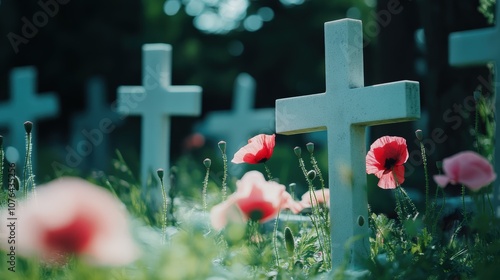 Serene Memorial Landscape with Crosses and Flowers