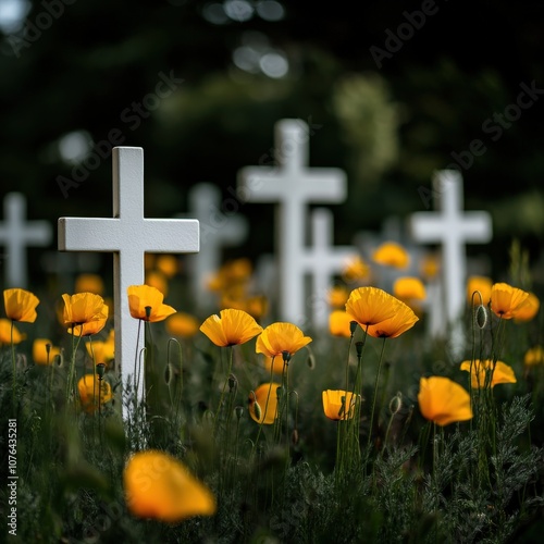 Serene Memorial Landscape with Crosses and Flowers