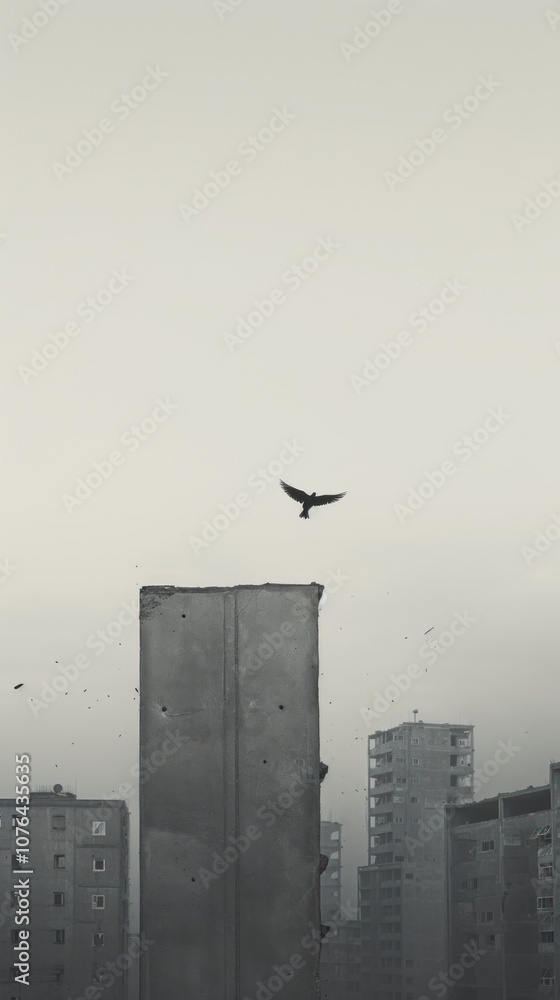 Bird fly city architecture building.