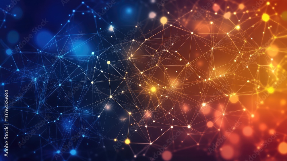 Abstract background with a network of interconnected lines and glowing dots in blue and orange. Abstract background with a network of interconnected lines and glowing dots in blue and orange.