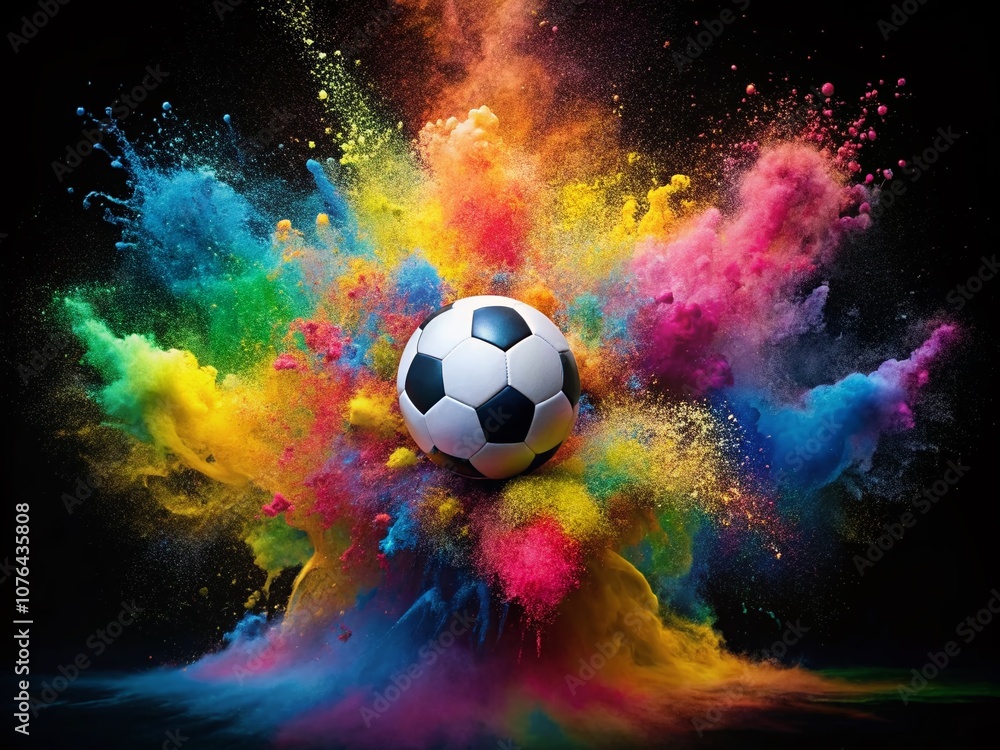Fototapeta premium Colorful Paint Explosion with Soccer Ball on Black Background - Dynamic and Vibrant Splash of Colors in Surreal Photography for Commercial Use
