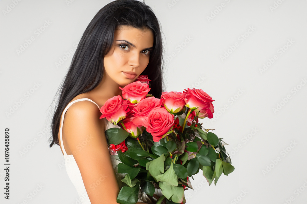 Girl in gray with roses. beautiful young girl concept. girl in white dress stands with bouquet of roses on gray . a girl in a gray dress stands next to a bouquet of roses on lifestyle a grey. Girl in gray with roses. beautiful young girl concept. girl in white dress stands with bouquet of roses on gray . a girl in a gray dress stands next to a bouquet of roses on lifestyle a grey.
