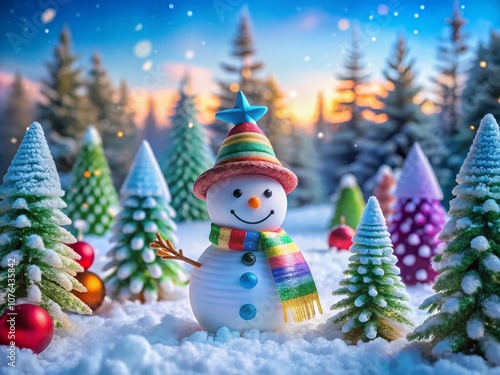 Colorful Paper Snowman Surrounded by Trees in a Festive Winter Wonderland Scene Capturing the Joy of the Holiday Season with Vibrant Colors and a Magical Atmosphere