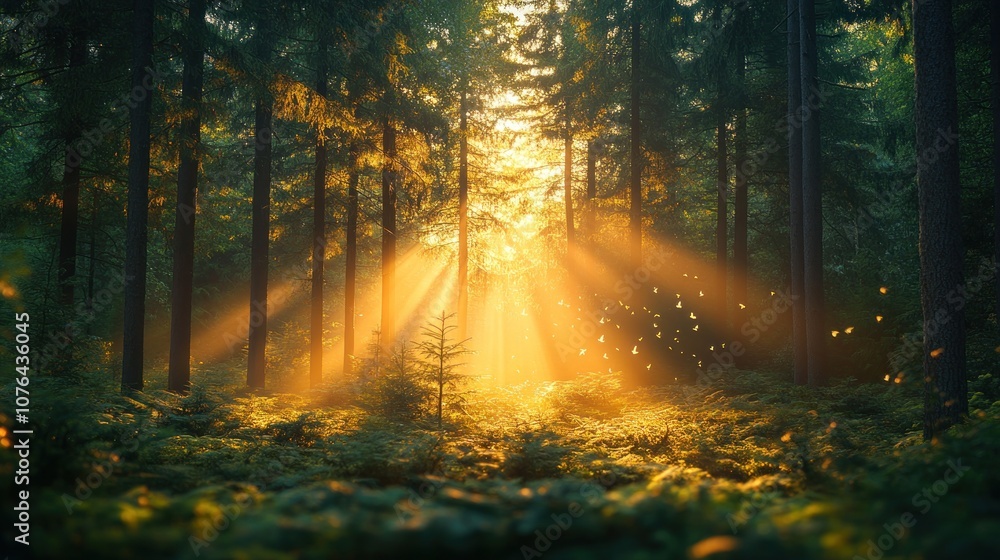 Naklejka premium Sunlight streaming through a serene forest, creating a tranquil atmosphere.