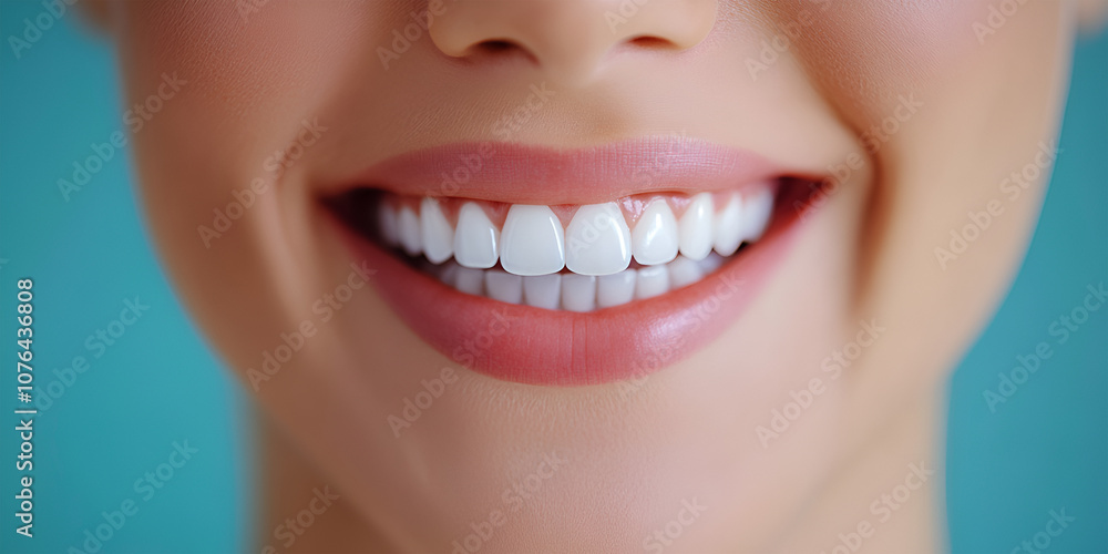 Fototapeta premium beautiful snow-white smile of a girl on a blue background.