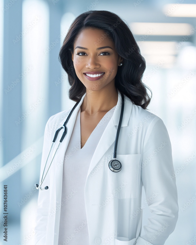 Confident African Descent Female Doctor Smiling in Modern Hospital Corridor Confident African Descent Female Doctor Smiling in Modern Hospital Corridor