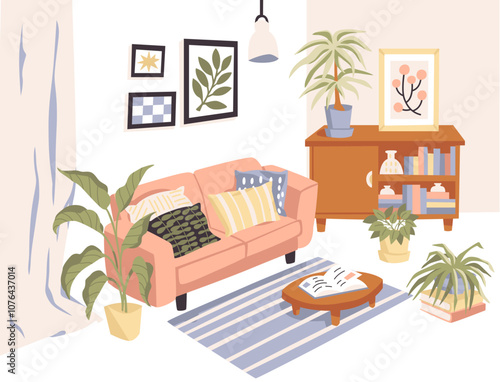 Set of Colorful Room Interiors with Furniture Icons: Living Room. Furniture & Home Decor.