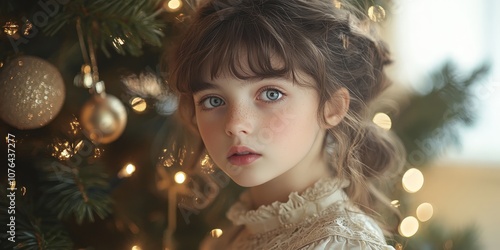 Beautiful Victorian girl by Christmas tree with vintage charm