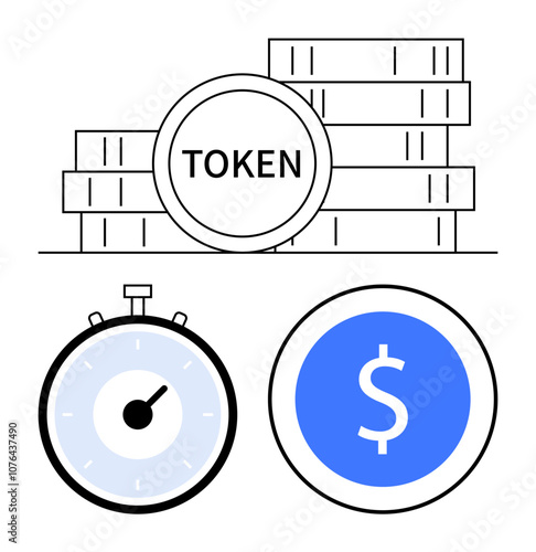 Stacked tokens labeled TOKEN stopwatch with partial blue and coin with dollar sign. Ideal for cryptocurrency, investment, timing, digital currency, finance, trading, and blockchain concepts. Line