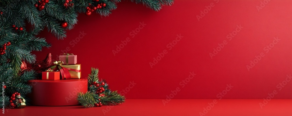 Christmas gifts resting on red podium with pine branches and red berries decorations Christmas gifts resting on red podium with pine branches and red berries decorations