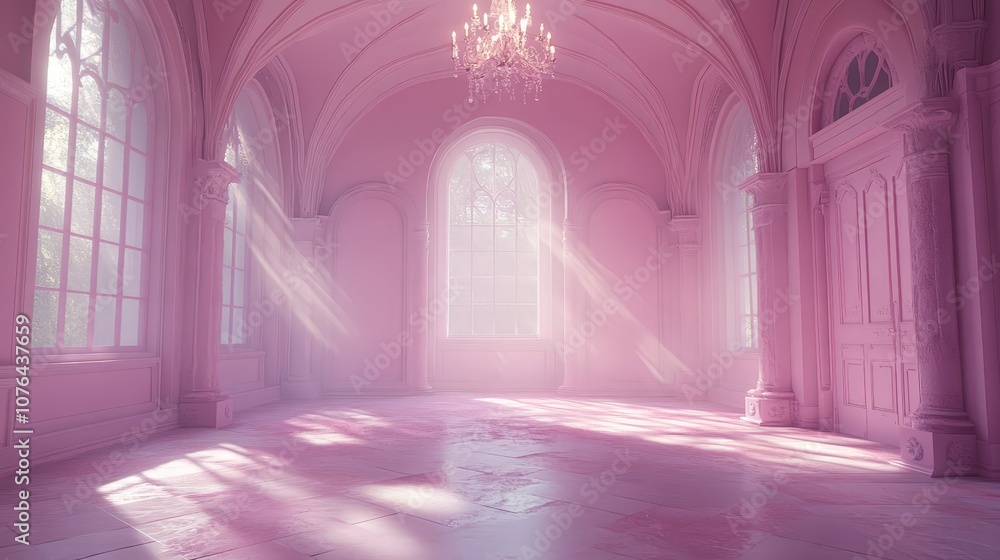 Elegant Pink Room with Sunlight Streaming Through Arched Windows Elegant Pink Room with Sunlight Streaming Through Arched Windows