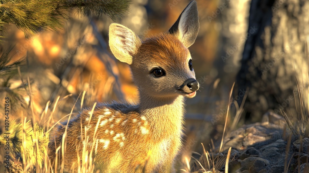 Fototapeta premium A Fawn with White Spots in a Forest Clearing