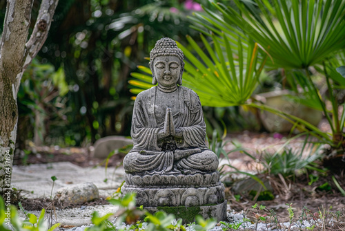 Greeting card with ancient statue great Buddha on holiday composition