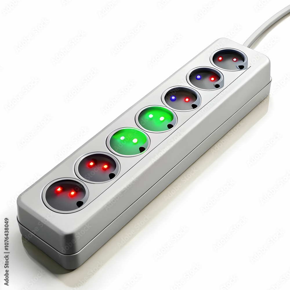 A power strip with smart features and LED indicators enhances connectivity and safety. A power strip with smart features and LED indicators enhances connectivity and safety.