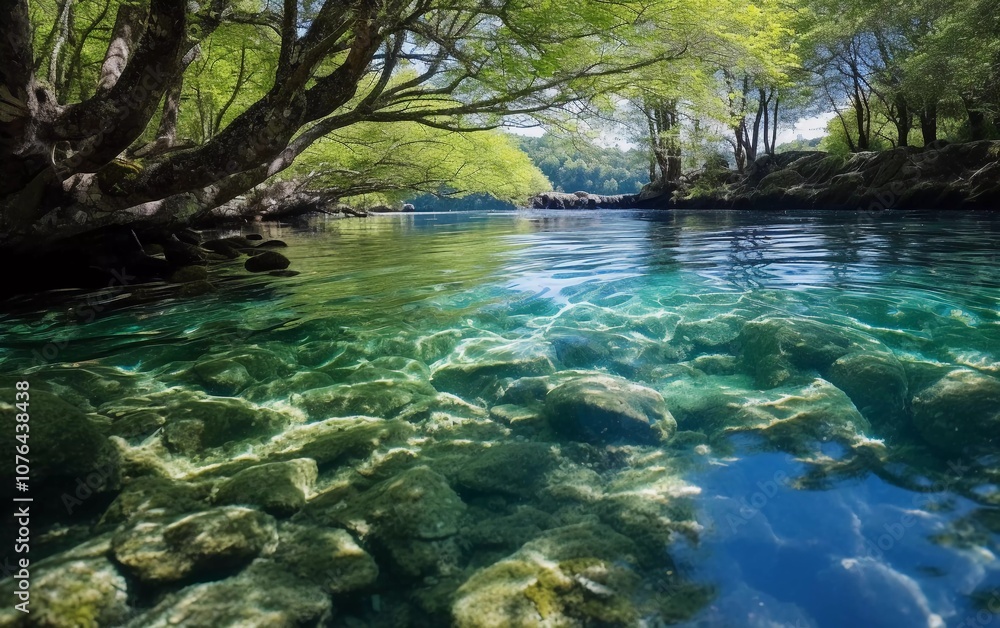 Naklejka premium A serene river scene with clear water and vibrant green trees reflecting on the surface.