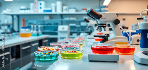 Wallpaper Mural Colorful Petri Dish Samples and Microscope in Laboratory Setting Torontodigital.ca