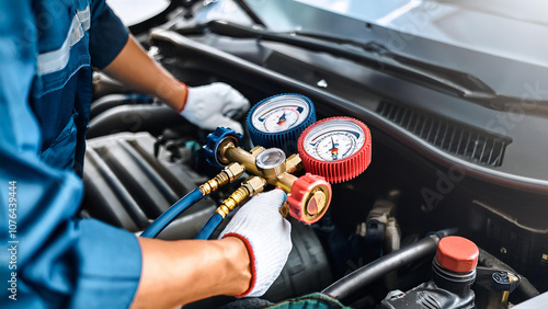 Auto mechanics use a manifold gauge to check refrigerant levels and refill air conditioner refrigerant.