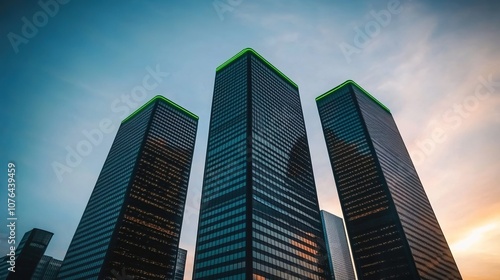 Dramatic Urban Landscape Featuring Modern Skyscrapers Against a Colorful Sunset Sky with Neon Green Accents and Reflective Glass Facades