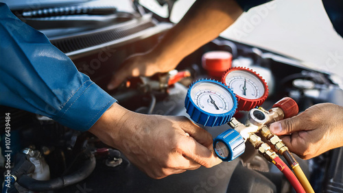 Auto mechanics use a manifold gauge to check refrigerant levels and refill air conditioner refrigerant.