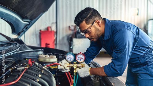 Auto mechanics use a manifold gauge to check refrigerant levels and refill air conditioner refrigerant.