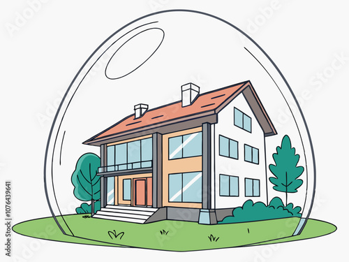 Modern House Enclosed in Transparent Dome Illustration, house inside a transparent bubble