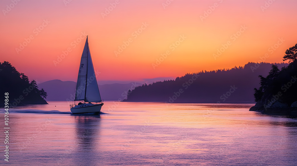 A beautiful photography depicting a sailboat gliding across a tranquil, open sea, with the sunset painting the sky in hues of pink and orange, capturing the serenity and adventure of a journey on the A beautiful photography depicting a sailboat gliding across a tranquil, open sea, with the sunset painting the sky in hues of pink and orange, capturing the serenity and adventure of a journey on the