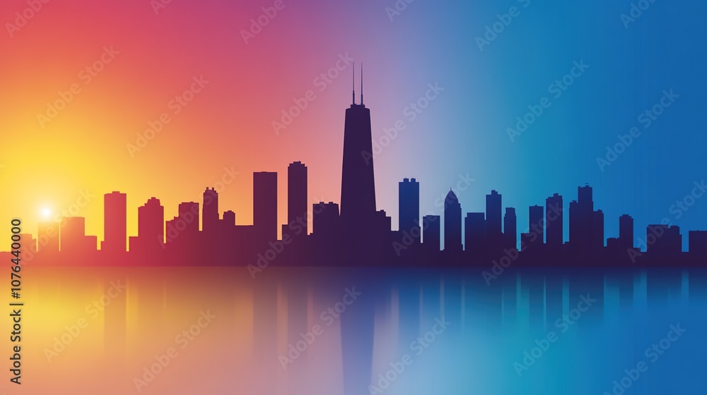 Stunning Colorful Sunset Over City Skyline with Reflective Water Surface Creating a Dramatic Urban Landscape Scene at Dusk Stunning Colorful Sunset Over City Skyline with Reflective Water Surface Creating a Dramatic Urban Landscape Scene at Dusk