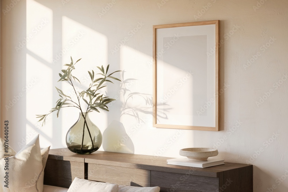 Fototapeta premium Minimalist living room with wood frame and leafy branches in green vase