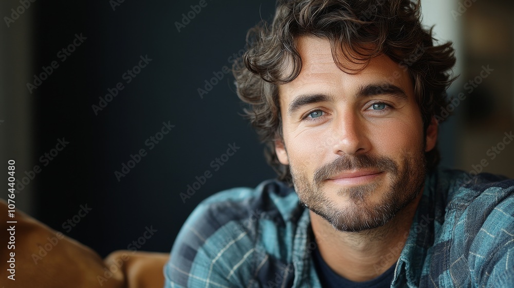 closeup of handsome man 35 years old in plaid shirt at home closeup of handsome man 35 years old in plaid shirt at home
