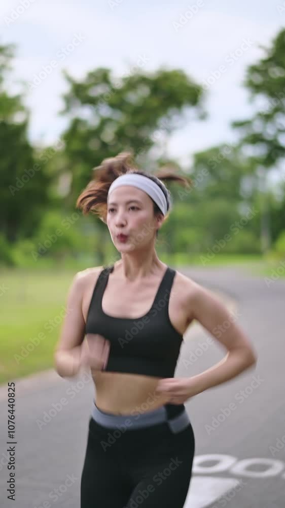 Vertical video of Energetic Woman Jogging on Park Path in Black Sports Bra and Headband, Surrounded by Trees, Embracing Outdoor Fitness and Exercise in Refreshing Greenery Atmosphere Vertical video of Energetic Woman Jogging on Park Path in Black Sports Bra and Headband, Surrounded by Trees, Embracing Outdoor Fitness and Exercise in Refreshing Greenery Atmosphere