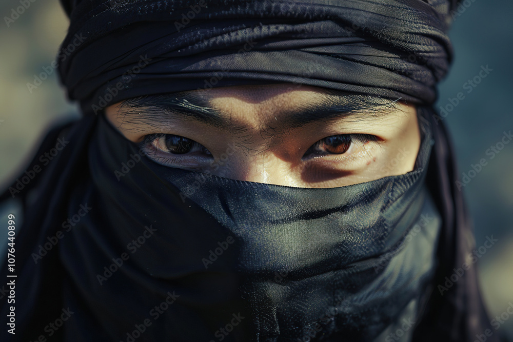 Japanese ninja warrior dressed in samurai clothes holding a sharp sword Japanese ninja warrior dressed in samurai clothes holding a sharp sword