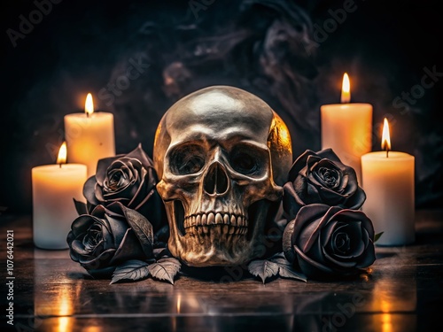 Dark Halloween Decor Featuring a Shiny Skull Surrounded by Black Roses and Candles for a Minimalist and Elegant Seasonal Ambiance