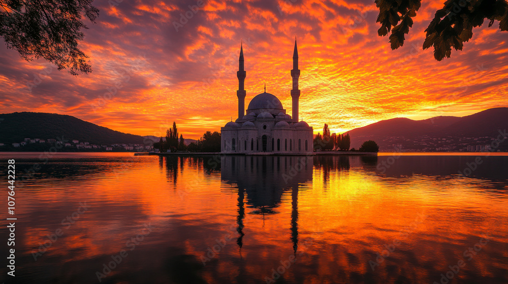 Fototapeta premium Photo of the Mosque against the sunset sky with a reflection on the water, beautiful golden and orange colors in the evening sky