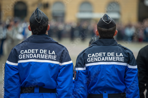 Photos deux cadets de la gendarmerie vus de dos avec ll'inscription sur la veste bleue