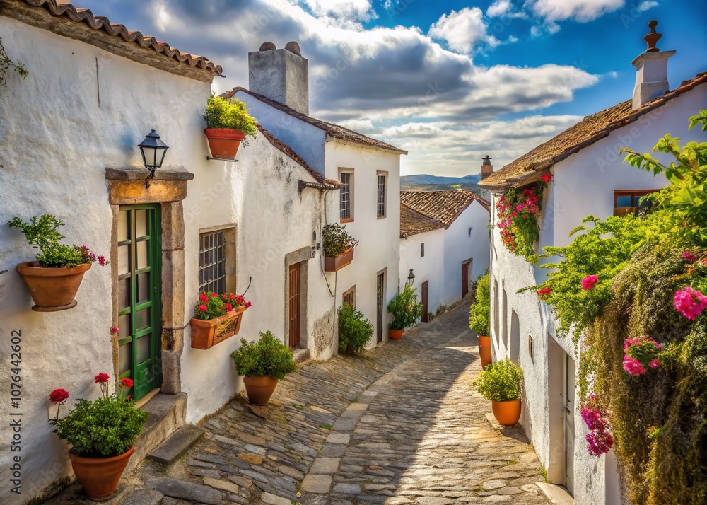 Obraz premium Degraded Whitewashed Houses and Narrow Streets in Monsaraz, Alentejo, Portugal Capturing the Charm of Historic Architecture and Scenic Beauty of Traditional Villages