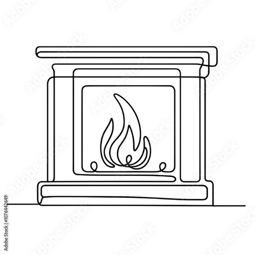 Fireplace, vector, simple continuous black line drawing, minimalistic, single unbroken line, transparent background