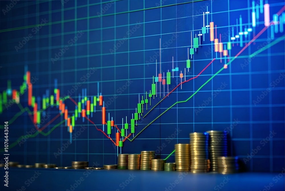 candlestick chart bitcoin prices stacked coins foreground, stock market indicators candlestick chart bitcoin prices stacked coins foreground, stock market indicators