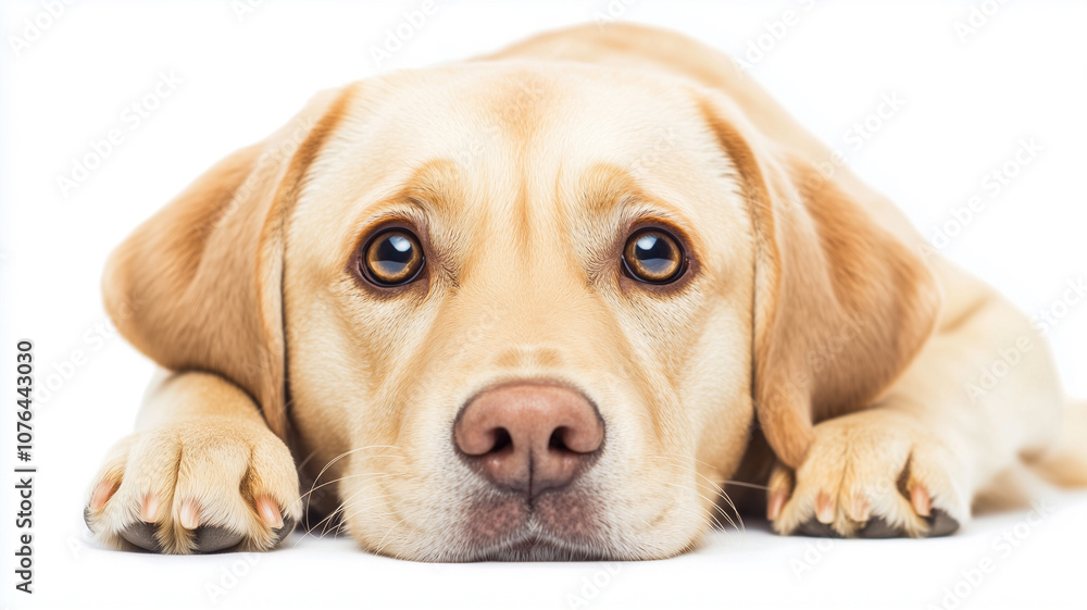 白い背景に横たわるラブラドールの子犬