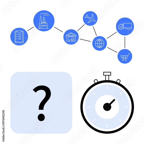 Supply chain flowchart with icons for manufacturing warehouse, airplanes, trucks, globe, shopping cart, clipboard. Stopwatch signifies time efficiency. Ideal for logistics, supply chain