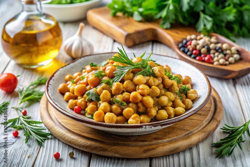 Delicious Homemade Chickpeas Served on a Rustic White Wooden Board with Fresh Ingredients, Enhancing the Comfort of Home Cooking and Healthy Eating in a Bright, Inviting Setting Delicious Homemade Chickpeas Served on a Rustic White Wooden Board with Fresh Ingredients, Enhancing the Comfort of Home Cooking and Healthy Eating in a Bright, Inviting Setting