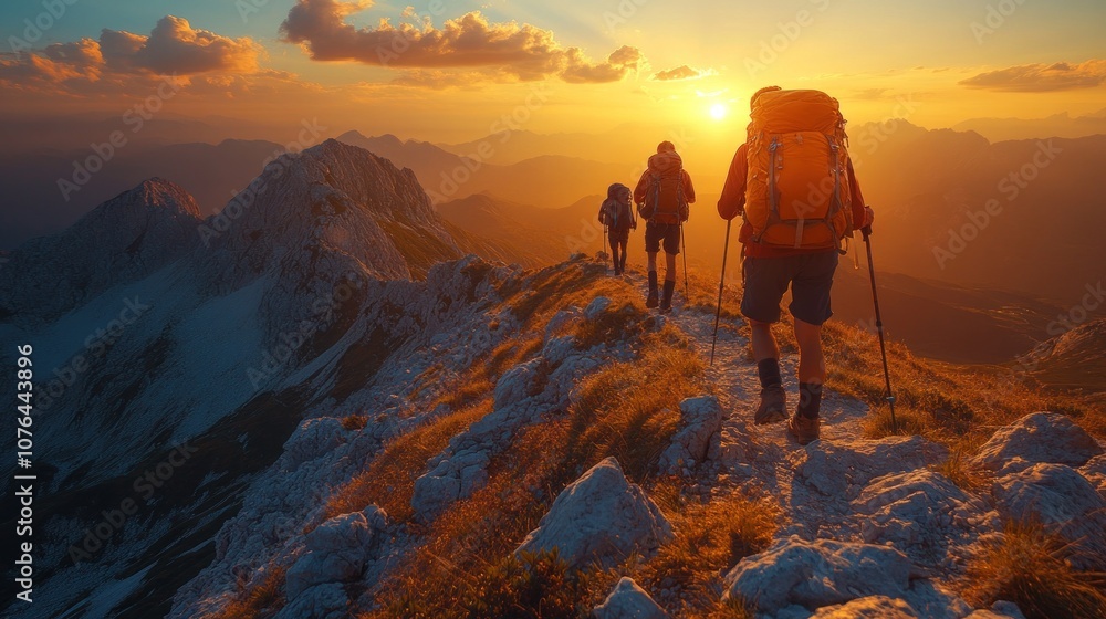 Hikers trekking towards a sunset on a mountain ridge. Hikers trekking towards a sunset on a mountain ridge.