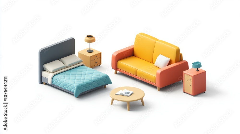 Cartoon-inspired 3D furniture set with bed, armchair, and sofa in modern, colorful isometric view, against white. Cartoon-inspired 3D furniture set with bed, armchair, and sofa in modern, colorful isometric view, against white.
